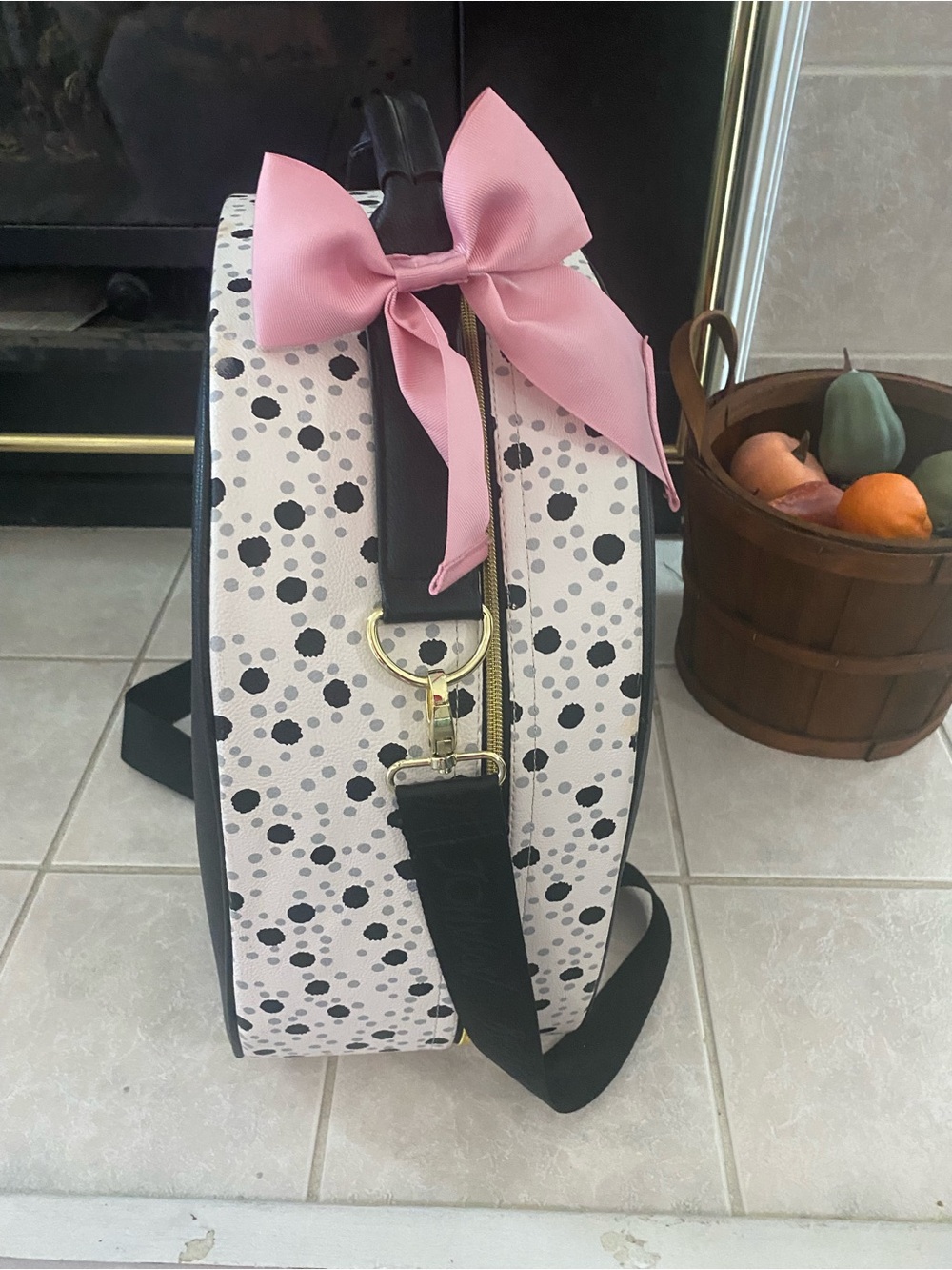 Betsey Johnson Black & White Stripe Dome Travel Bag with Pink Floral Accents - Picture 5 of 9